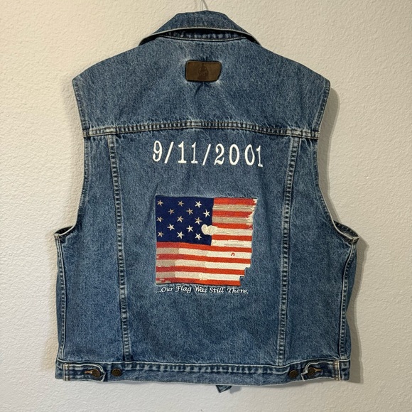 Imus Sleeveless Blue United States Flag Patched Button Down Denim Jacket Size XL - Picture 1 of 14